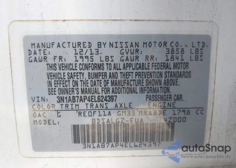 2014 Nissan Sentra Sl z USA, uszkodzony, nr VIN 3N1AB7AP4EL624397